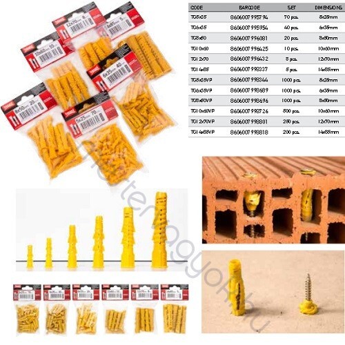 Műanyag tipli 70db-os 5x25mm-es csomózódó dűbel, üreges tégla, gipszkarton és tömör anyagokba - 1 csomag