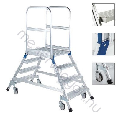 Zarges Z600 Két oldalon járható Alumínium gurulós 600x800mm nagydobogós lépcső 4db kerékkel - 2x 3 fokos